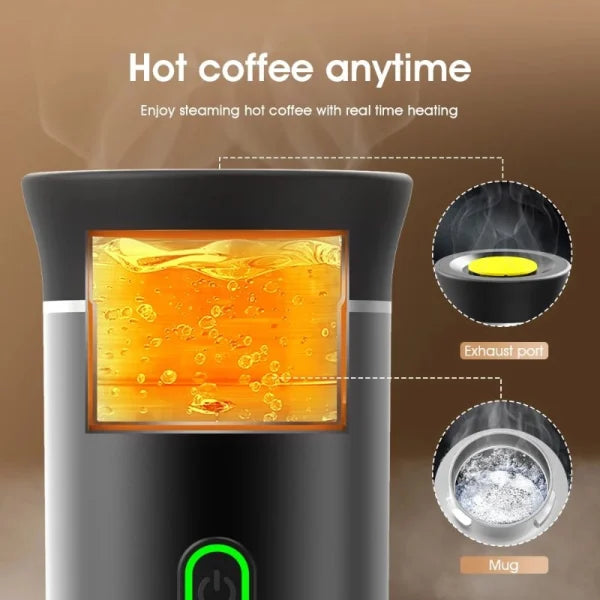 "Compact portable 3-in-1 espresso coffee maker, wireless, sleek design, for ground coffee and capsules, ideal for travel."