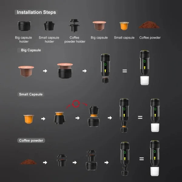 "Compact portable 3-in-1 espresso coffee maker, wireless, sleek design, for ground coffee and capsules, ideal for travel."