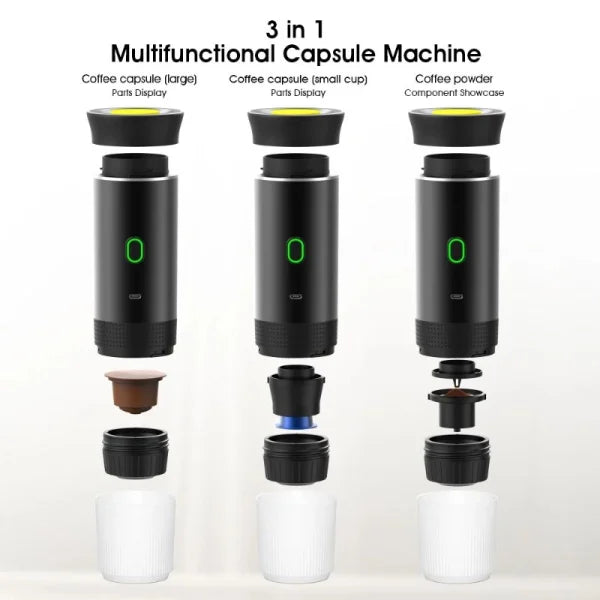 "Compact portable 3-in-1 espresso coffee maker, wireless, sleek design, for ground coffee and capsules, ideal for travel."