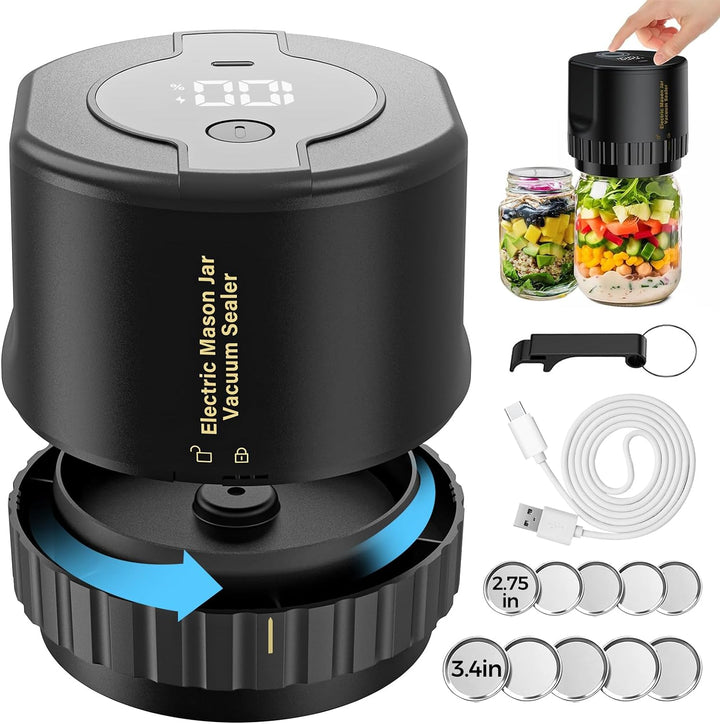"Compact portable electric vacuum sealer kit, black, cordless, fits Mason jars, ideal for kitchen food preservation."