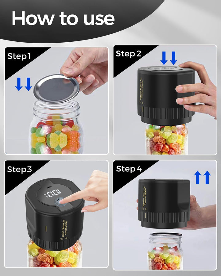 "Compact portable electric vacuum sealer kit, black, cordless, fits Mason jars, ideal for kitchen food preservation."