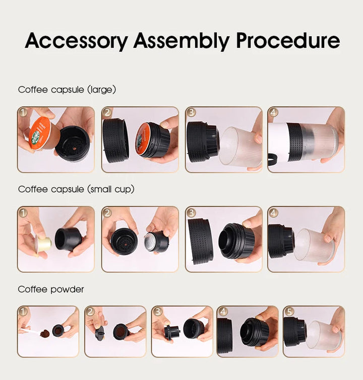 "Compact portable espresso maker, USB charged, black sleek design, suitable for ground coffee and capsules."