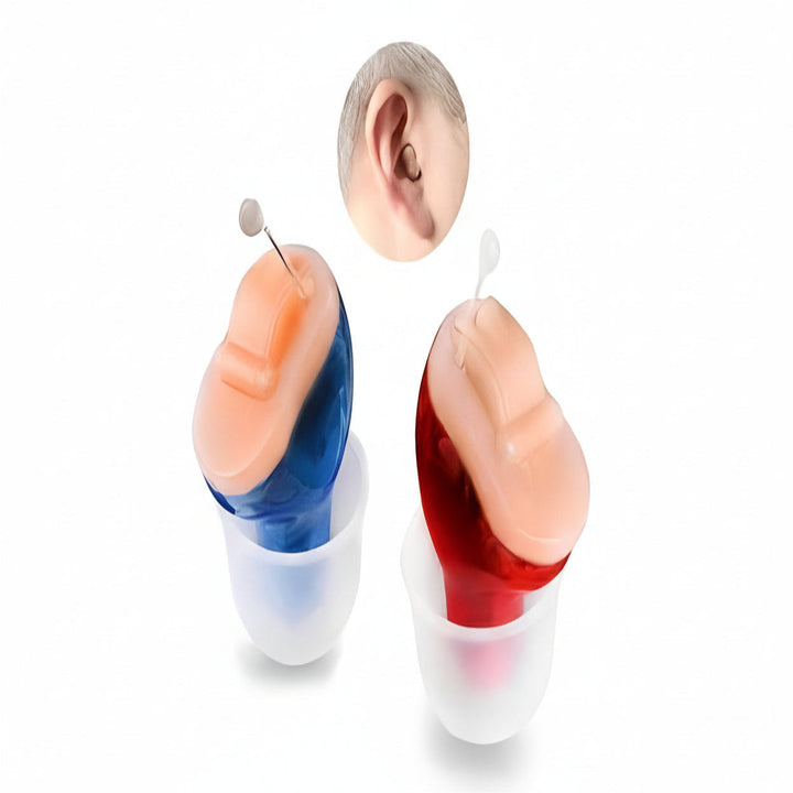 Compact TavvitaImp012 rechargeable in-ear hearing enhancers, boosting speech clarity and reducing noise.