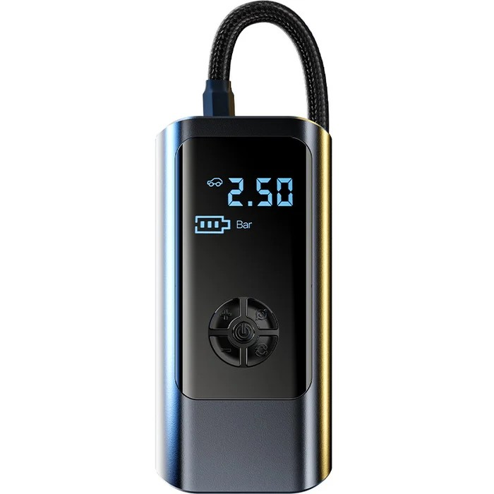Compact universal portable air compressor with dual power, 12V and cordless, for tires, bikes, & sports.