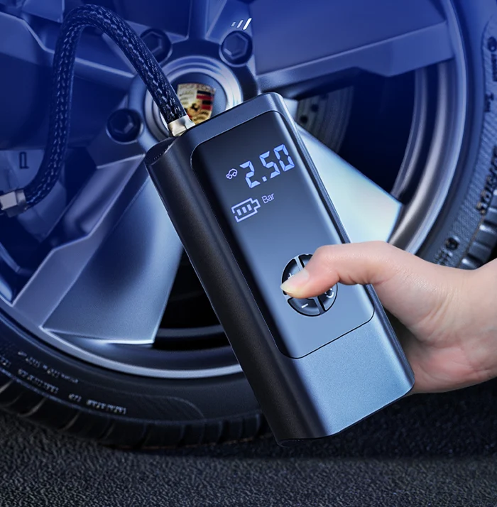 Emergency tool: compact portable air compressor with dual power (12V/cordless) for fast tire inflation.