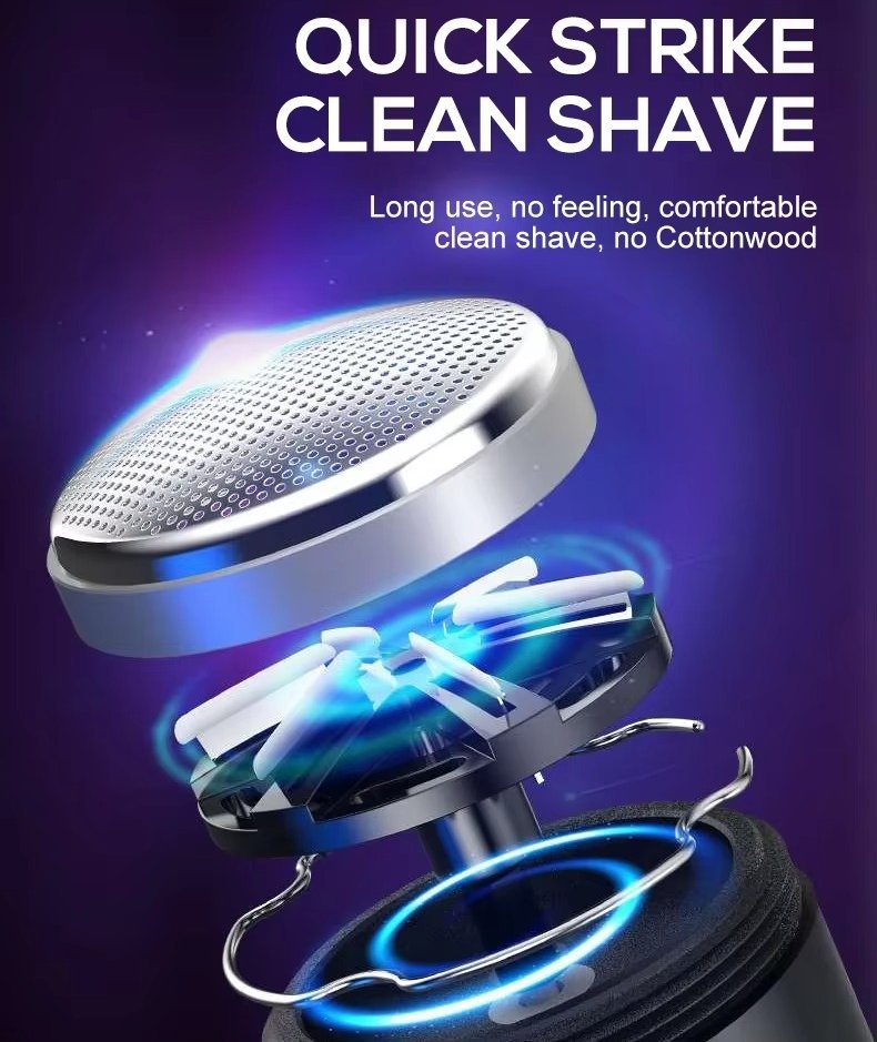 "Compact waterproof electric shaver for men, featuring ergonomic design, LED display, and versatile charging options."