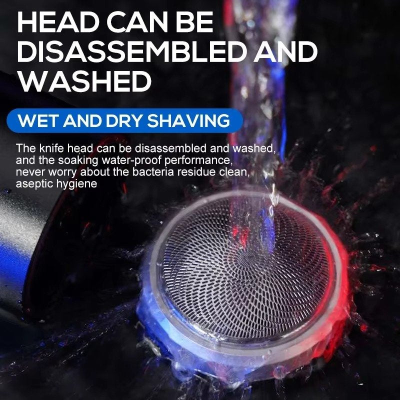 "Compact waterproof electric shaver for men, featuring ergonomic design, LED display, and versatile charging options."