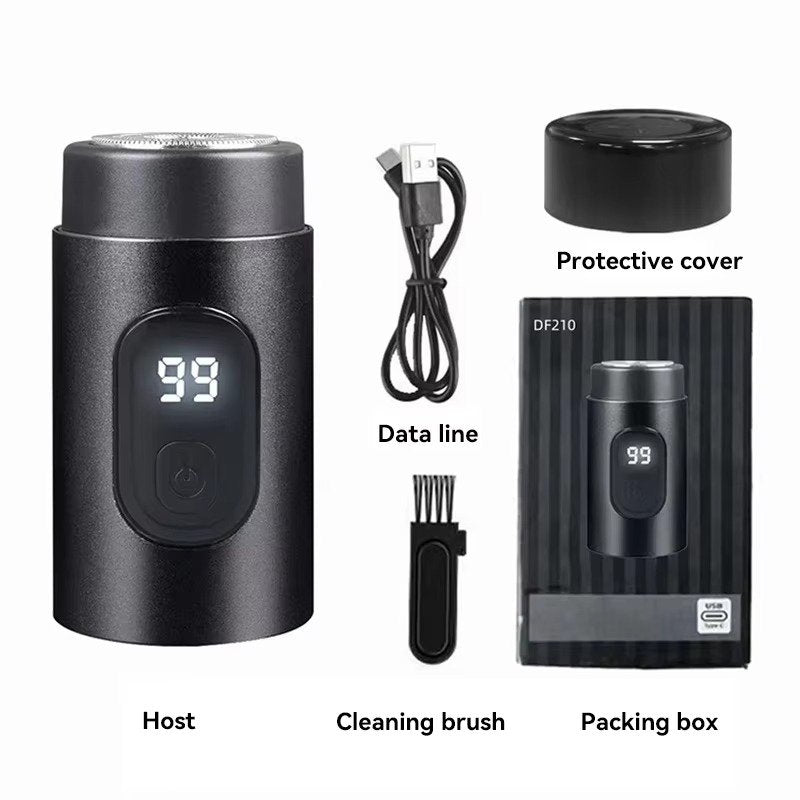 "Compact waterproof electric shaver for men, featuring ergonomic design, LED display, and versatile charging options."