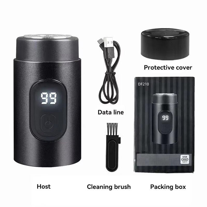 "Compact waterproof electric shaver for men, featuring ergonomic design, LED display, and versatile charging options."