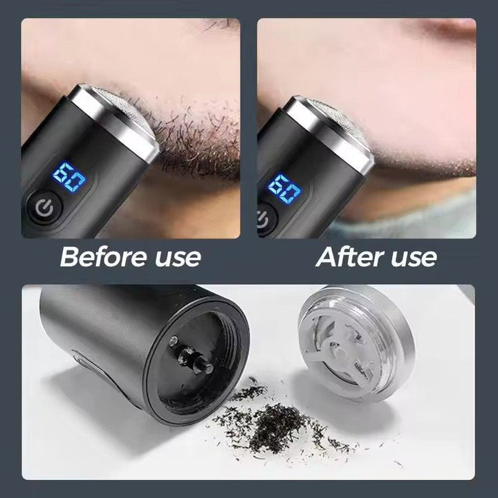 "Compact waterproof electric shaver for men, featuring ergonomic design, LED display, and versatile charging options."