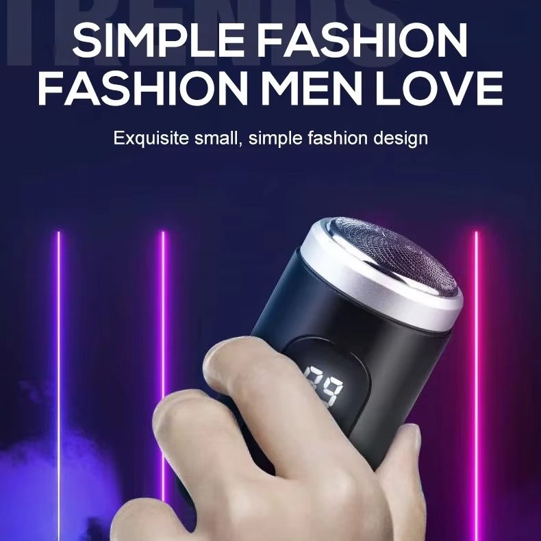 "Compact waterproof electric shaver for men, featuring ergonomic design, LED display, and versatile charging options."