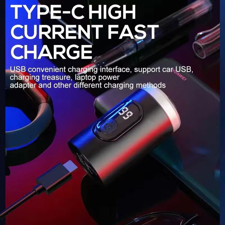 "Compact waterproof electric shaver for men, featuring ergonomic design, LED display, and versatile charging options."