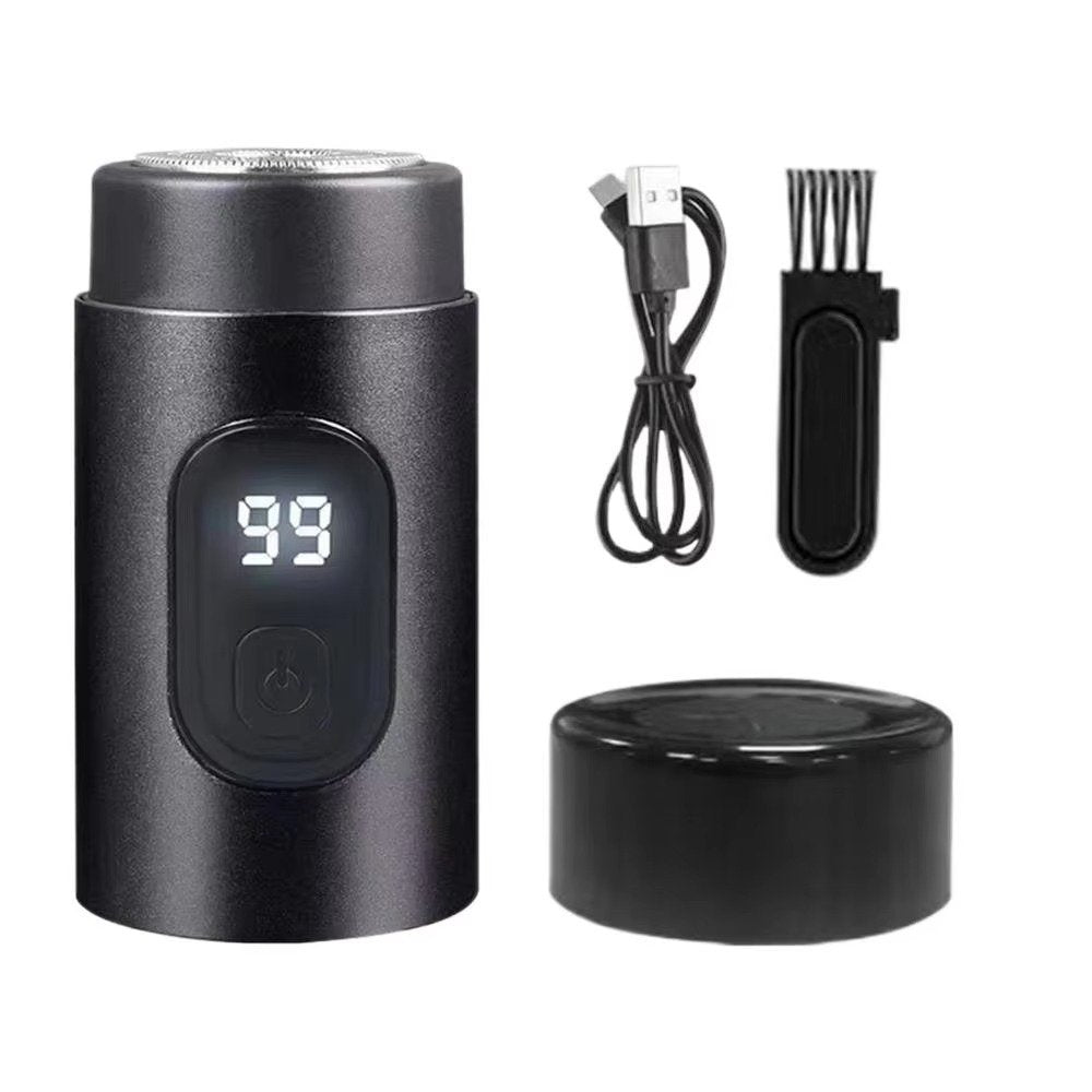 "Compact waterproof electric shaver for men, featuring ergonomic design, LED display, and versatile charging options."