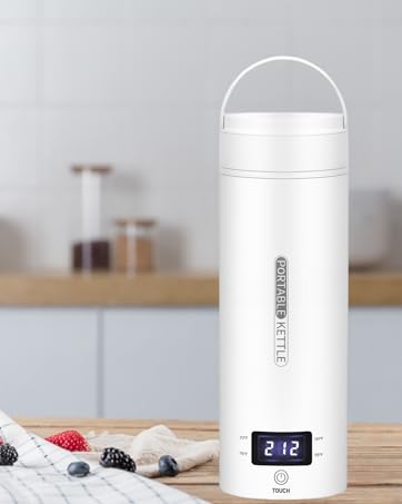 "Compact white electric travel kettle with LCD screen, auto shut-off, portable design, and double-walled insulation."