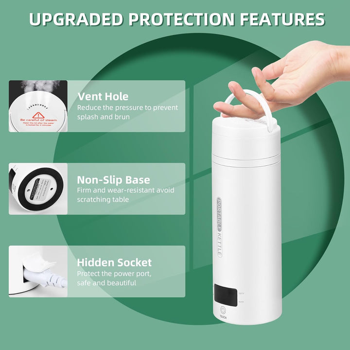 "Compact white electric travel kettle with LCD screen, auto shut-off, portable design, and double-walled insulation."