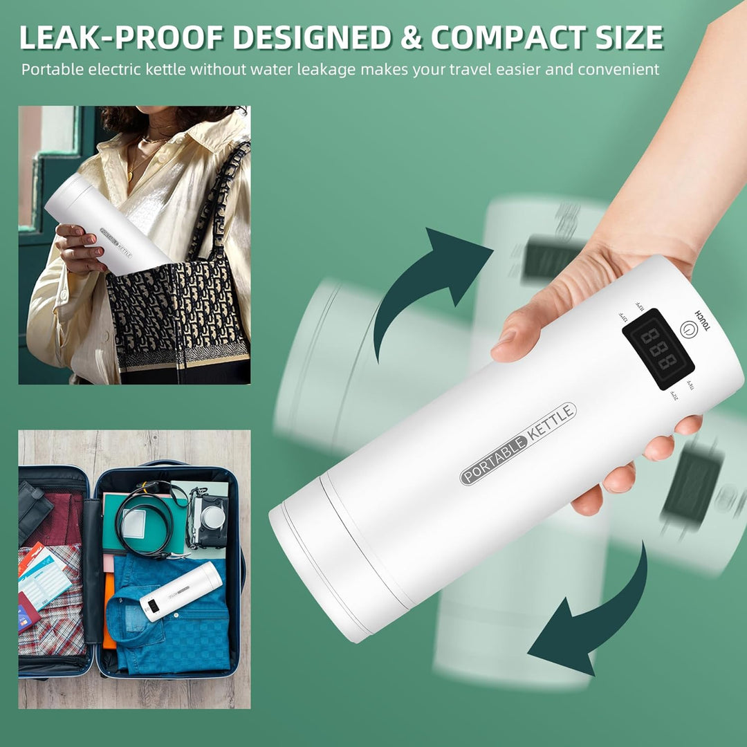 "Compact white electric travel kettle with LCD screen, auto shut-off, portable design, and double-walled insulation."