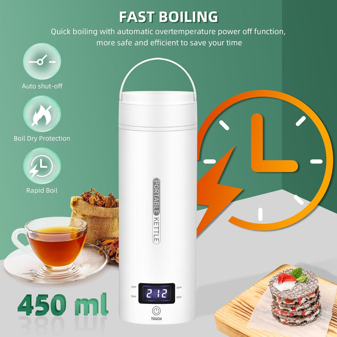 "Compact white electric travel kettle with LCD screen, auto shut-off, portable design, and double-walled insulation."