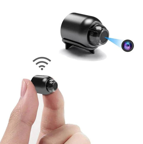 Smart compact security camera, features WiFi connectivity, night vision, HD audio, and motion alerts for safety.