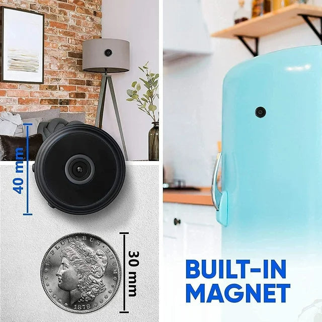 Compact wireless magnetic camera with 1080P HD, black, compact design, perfect for discreet placement in any environment.