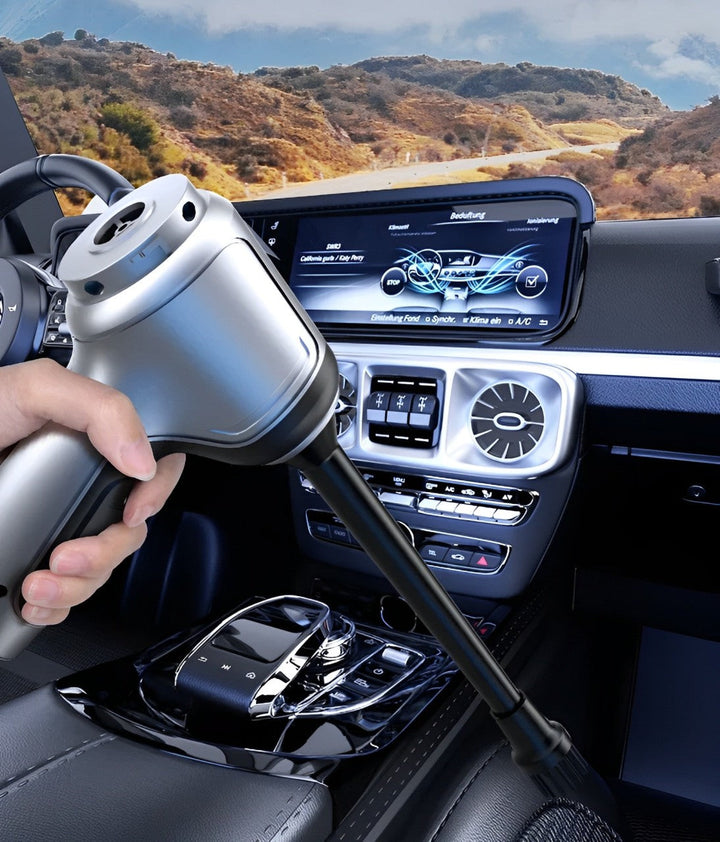 Cordless car vacuum cleaner, silver, lightweight with powerful suction and multi-functional accessories for efficient cleanin