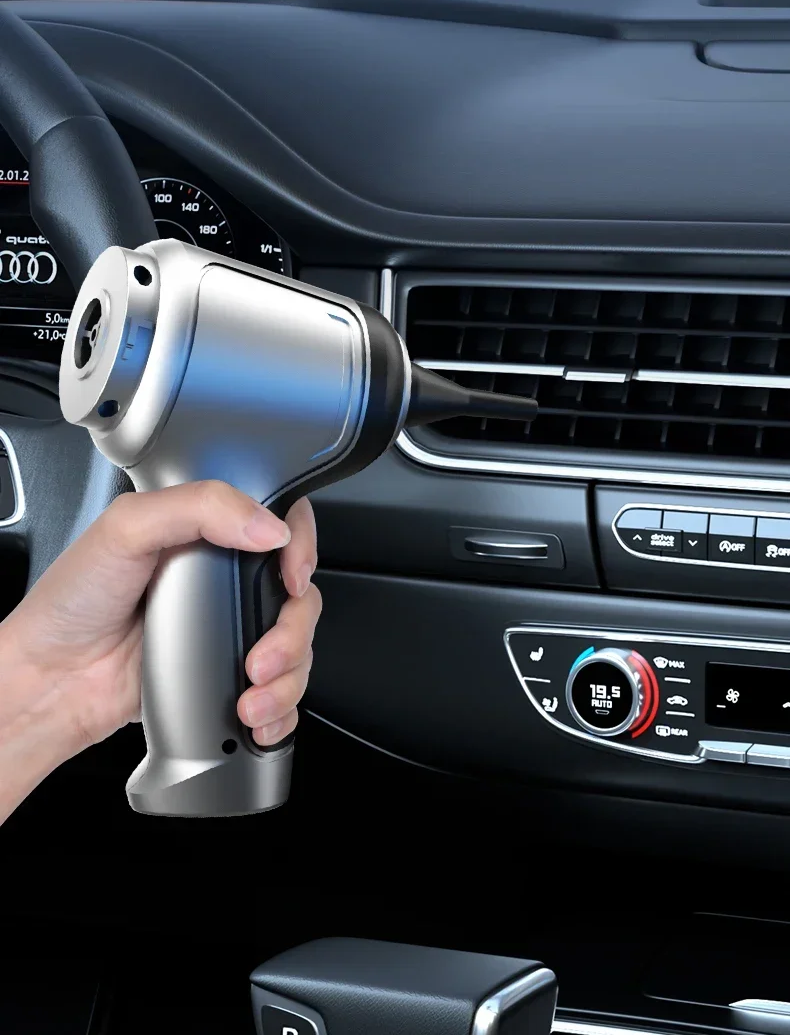 Cordless car vacuum cleaner, silver, lightweight with powerful suction and multi-functional accessories for efficient cleanin