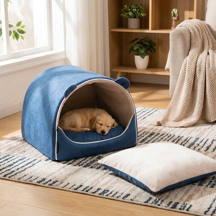 Cozy 2-in-1 pet cave house with adorable bear ears, perfect soft bed for cats or small dogs. Washable & comfortable.