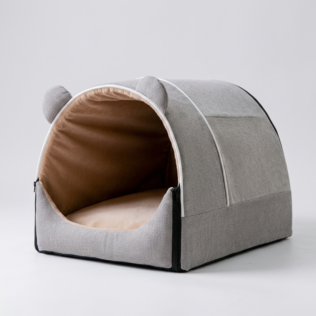 Adorable pet cave house with bear ears, a cozy and soft indoor bed for cats or small dogs. 2-in-1 design for comfort.
