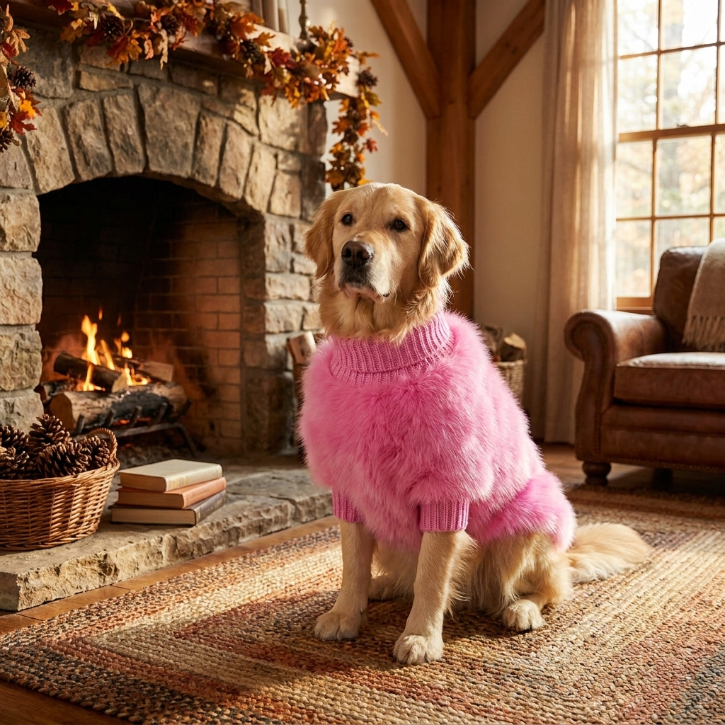 Cozy soft fluffy knit turtleneck dog jumper, a warm pet sweater for winter. Available for small to large dogs.