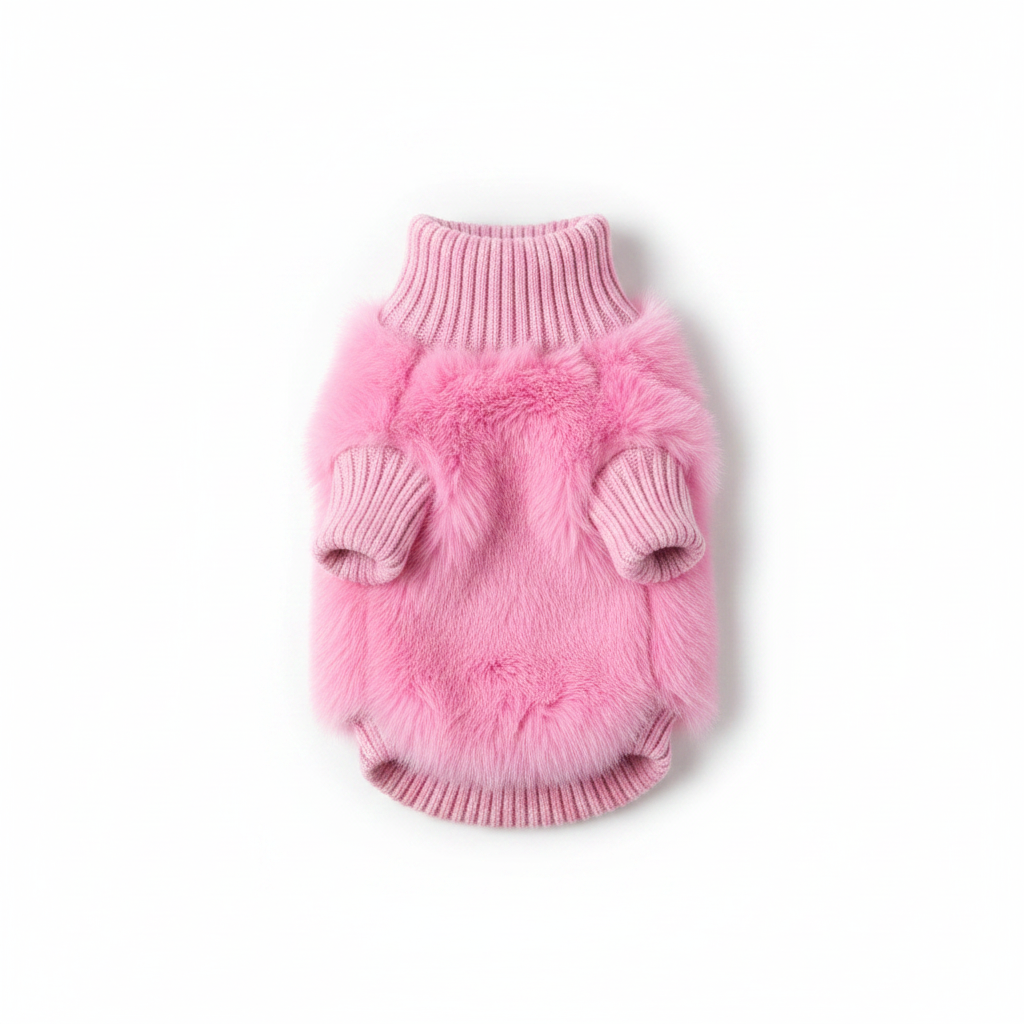 Pink fluffy knit turtleneck dog sweater. Stylish & warm pet clothes, perfect for cozy winter fashion.