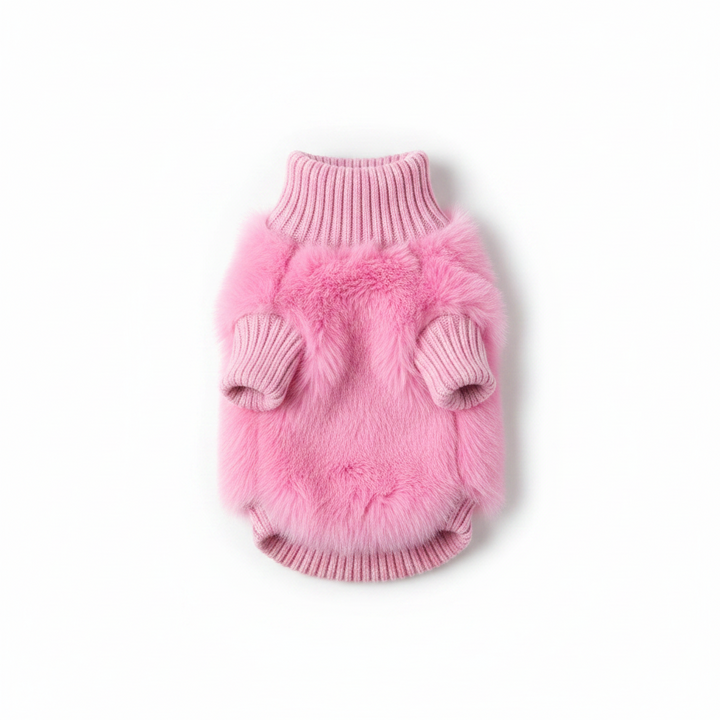 Pink fluffy knit turtleneck dog sweater. Stylish & warm pet clothes, perfect for cozy winter fashion.