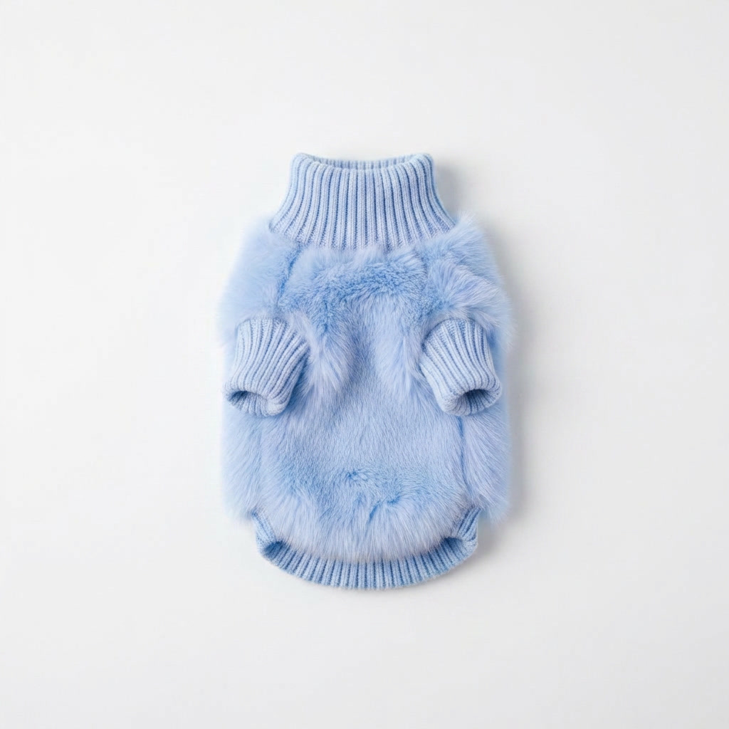 Blue cozy soft knit dog jumper. Comfortable turtleneck pet sweater, ideal warm dog clothes for cold weather.