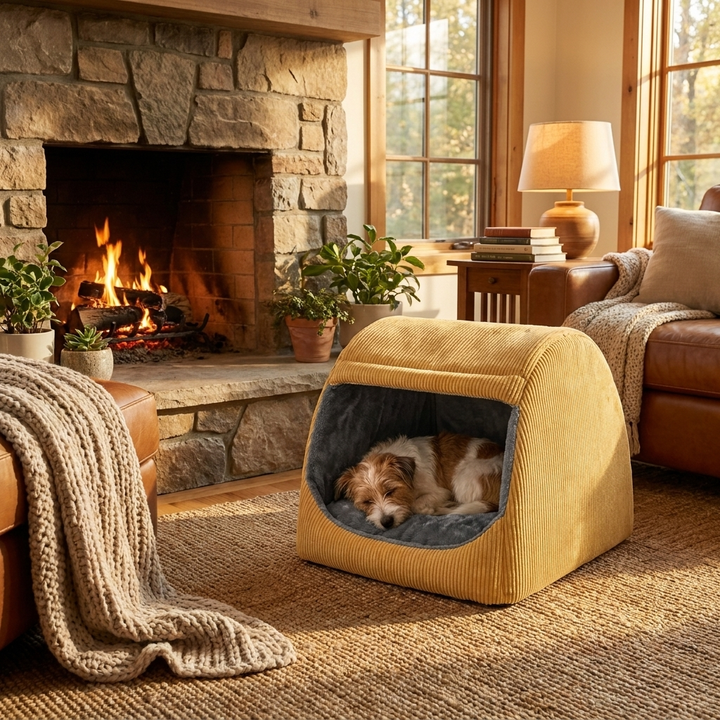 Cozy warm flannel semi-enclosed dog bed for large dogs, perfect indoor pet house for ultimate comfort.