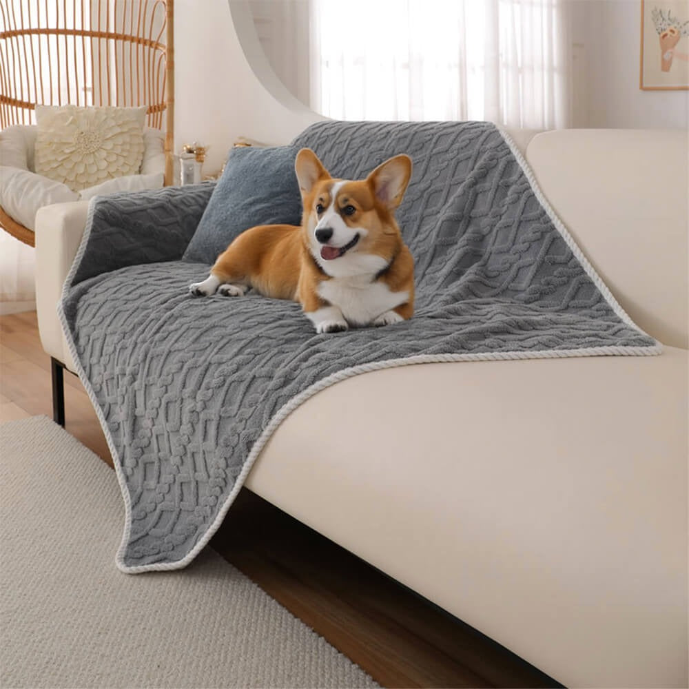 Cozy waterproof fleece dog blanket for pet beds, protecting furniture from accidents. Soft & washable.