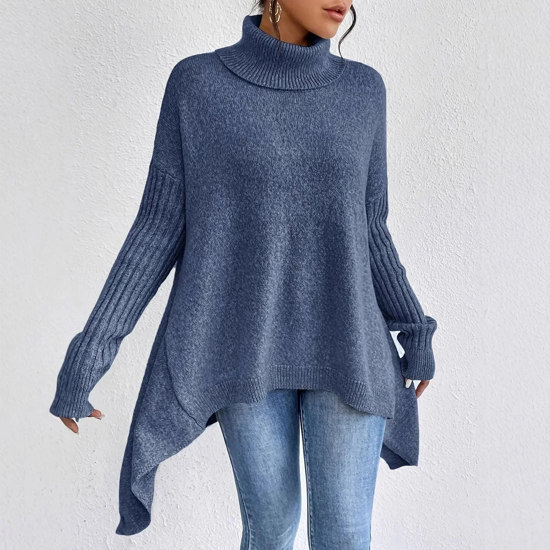 Comfortable women's oversized asymmetrical black turtleneck sweater for chilly days.