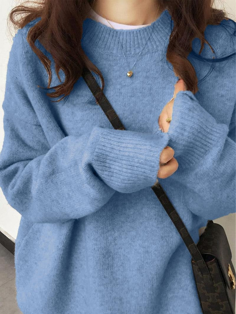 Front view of a women's cozy brushed knit relaxed fit pullover sweater, ideal for chilly days