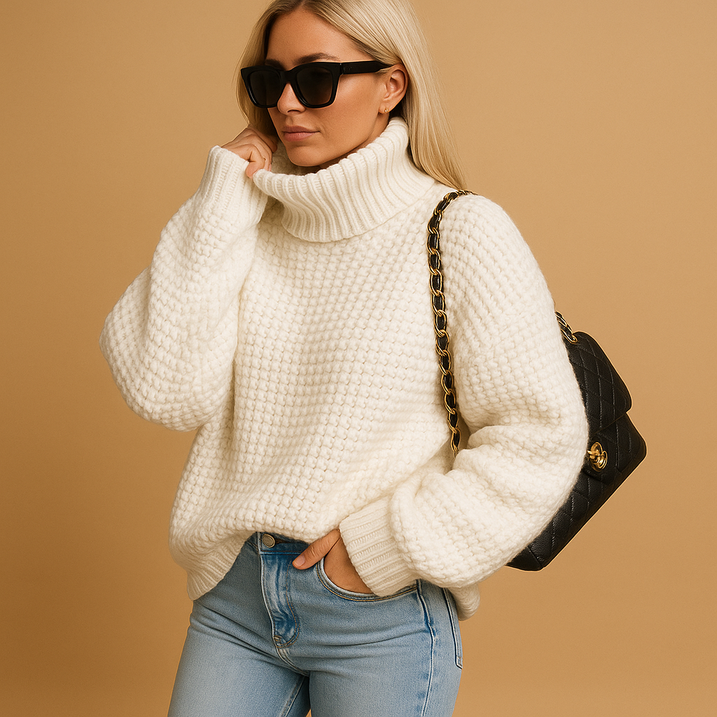 Cozy women's pullover sweater in soft knit, perfect for warm winter fashion and comfortable casual wear.