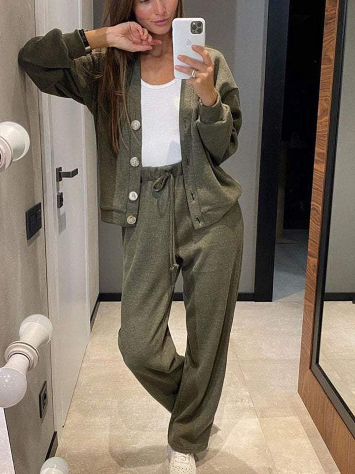 Cozy women's relaxed fit cardigan and drawstring pants loungewear set in a neutral color, perfect for casual comfort.
