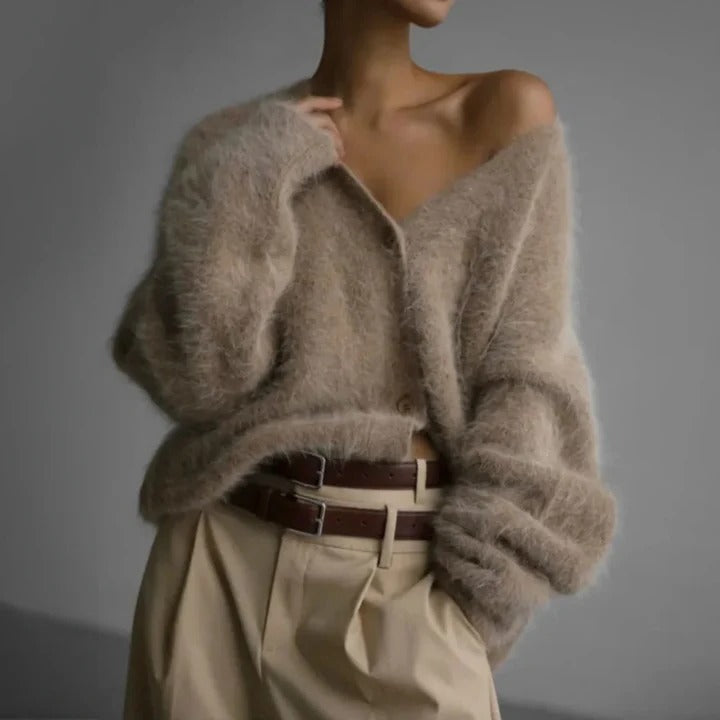 Cozy women's round neck knit sweater in desert beige, perfect for elegant winter fashion & warmth.