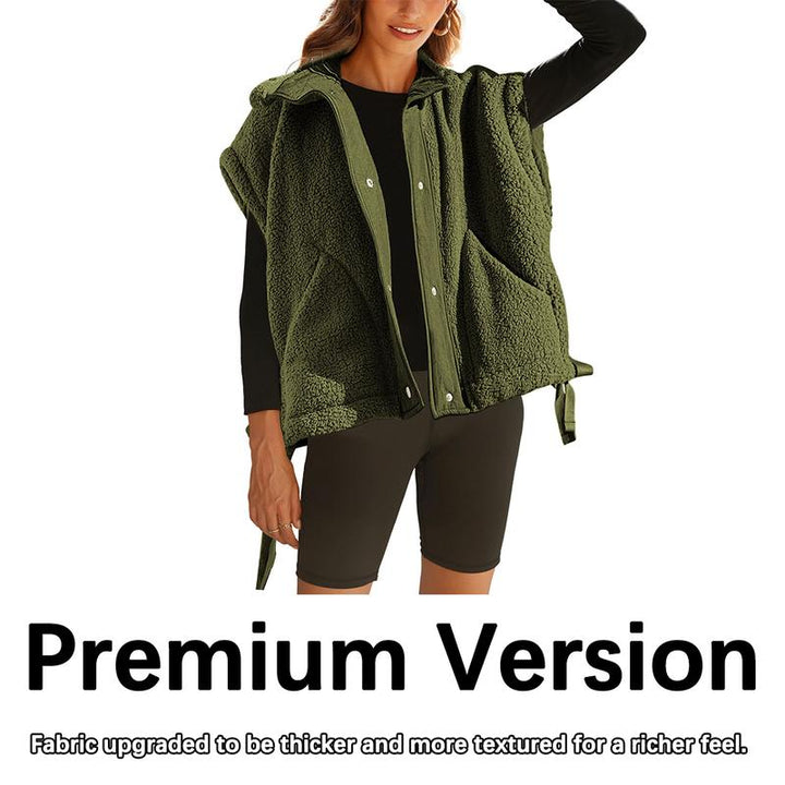 Close-up of a women's textured fleece vest showing button details, great for winter layering.