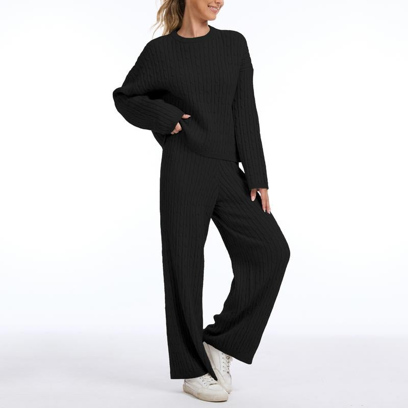Black women's knit loungewear set, chic and relaxed two-piece outfit for casual wear