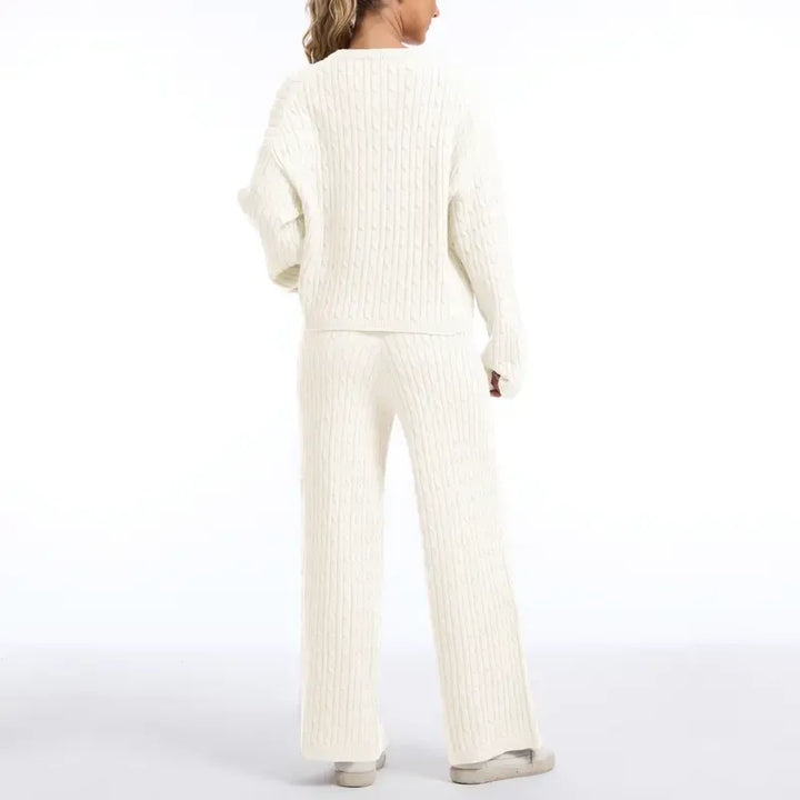 Stylish women's knit loungewear set in cream, perfect for cozy home wear or casual outings