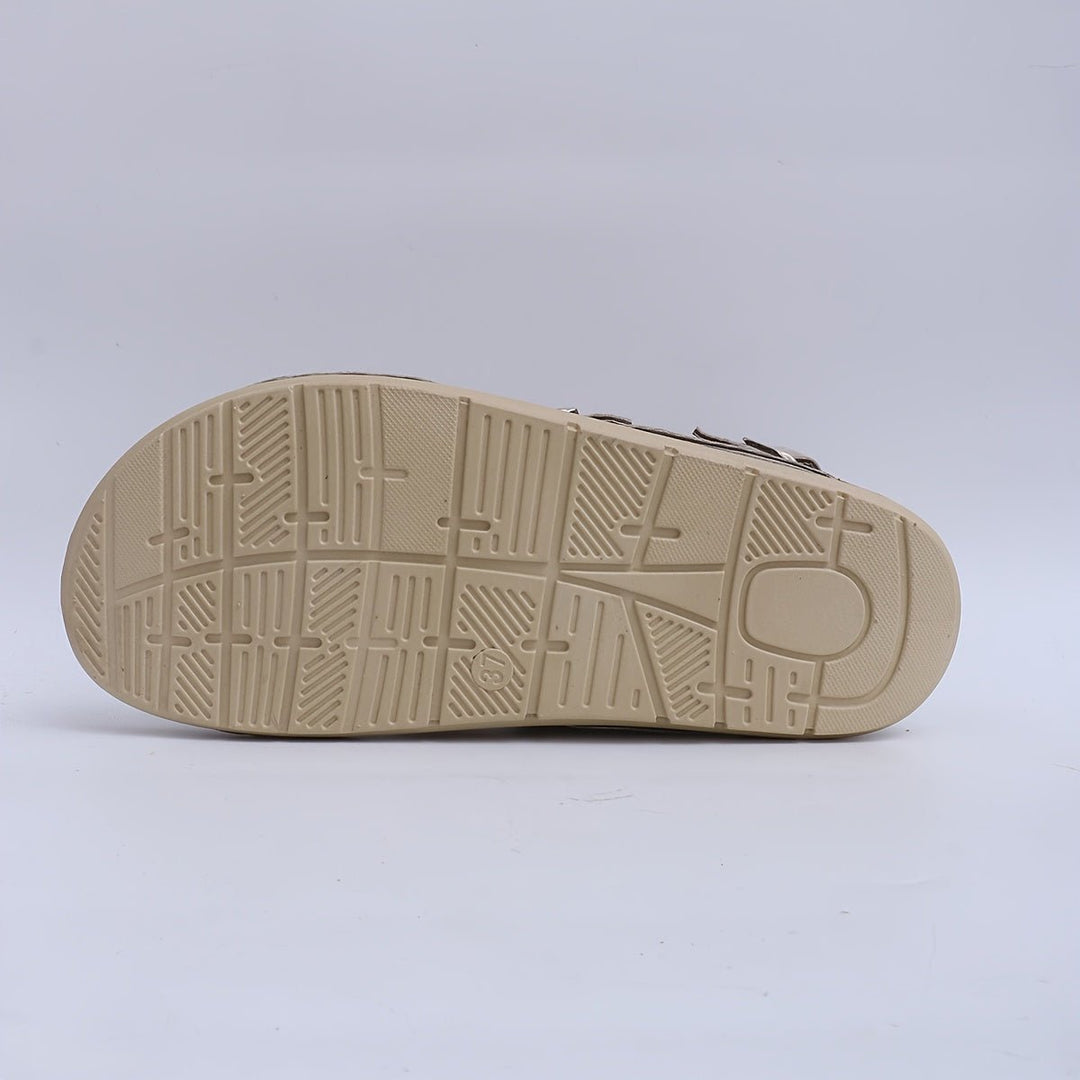 Comfortable coffee brown women's platform sandals with cross-straps for everyday wear.