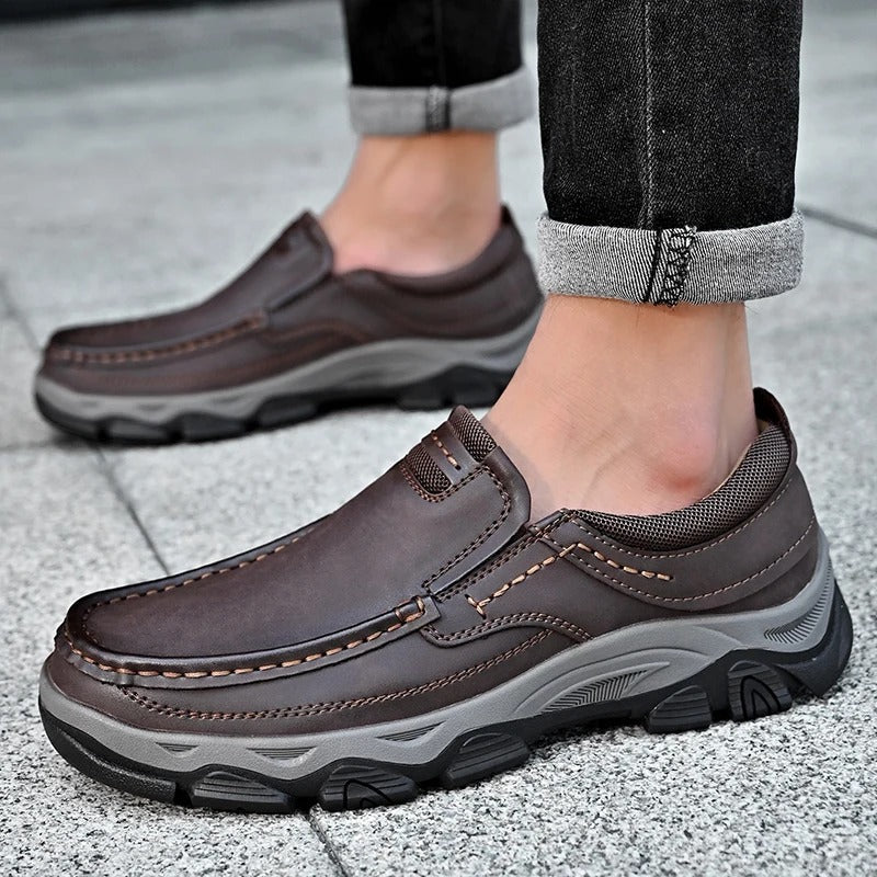 Close-up on the toe of Dakota men's casual leather loafers, expert craftsmanship