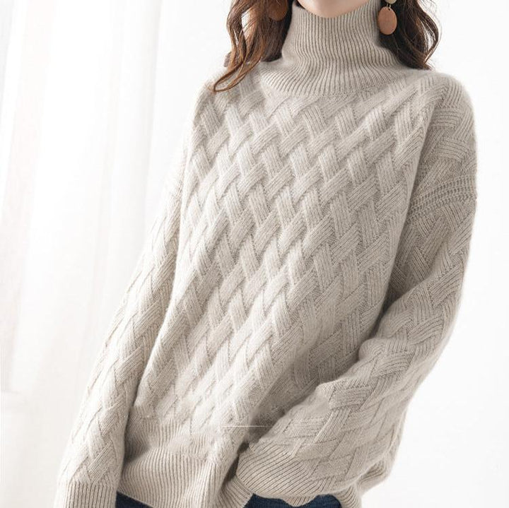 Close-up of Dakota women's knitwear: soft knit texture on a spring turtleneck sweater.