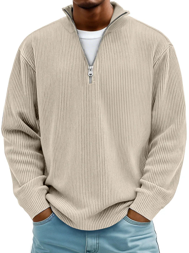Modern men's half-zip ribbed knit sweater. A comfortable long sleeve pullover for men.