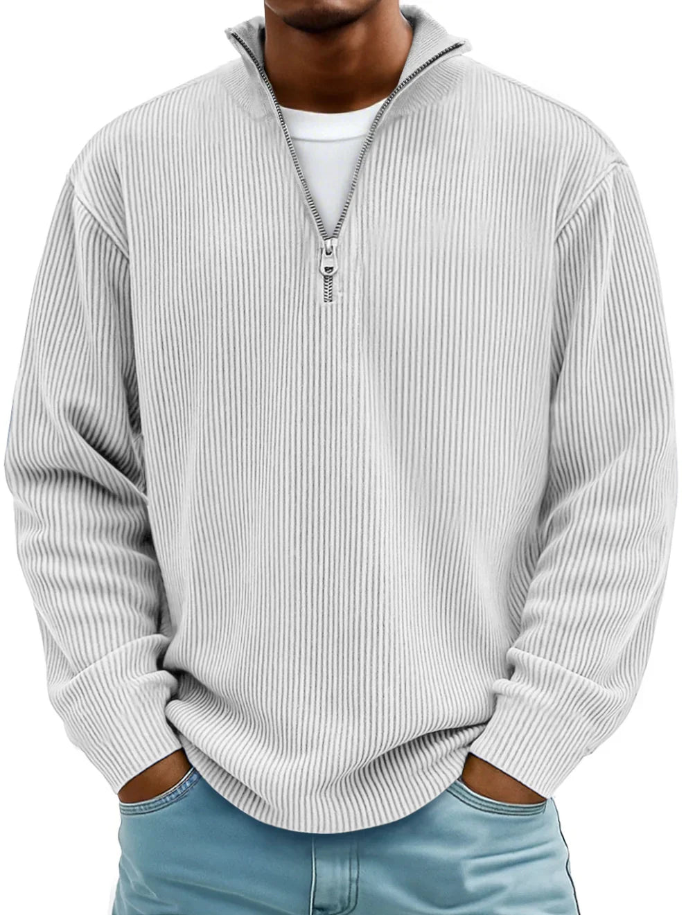 Classic men's half-zip ribbed knit pullover sweater, providing comfort and style for fall.