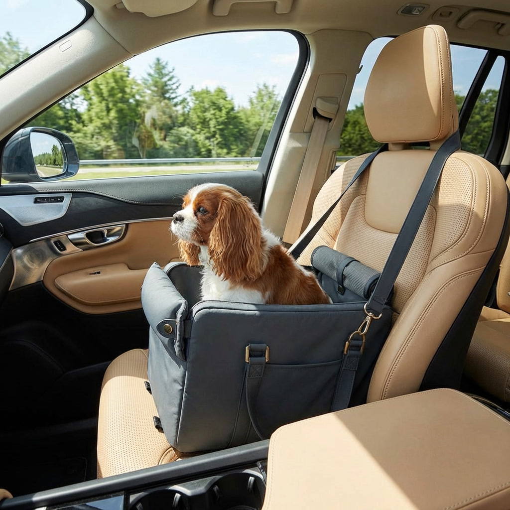 Deluxe faux leather pet car seat for small dogs & cats. Safe, comfortable travel accessory & carrier.