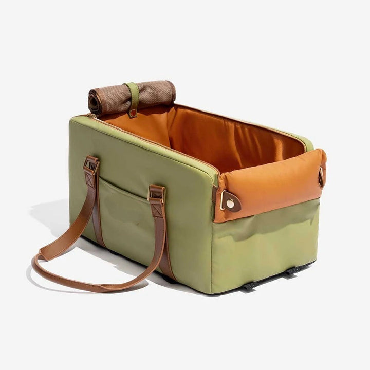 Faux leather pet car seat and carrier for center console. Secure dog car seat for small pets.