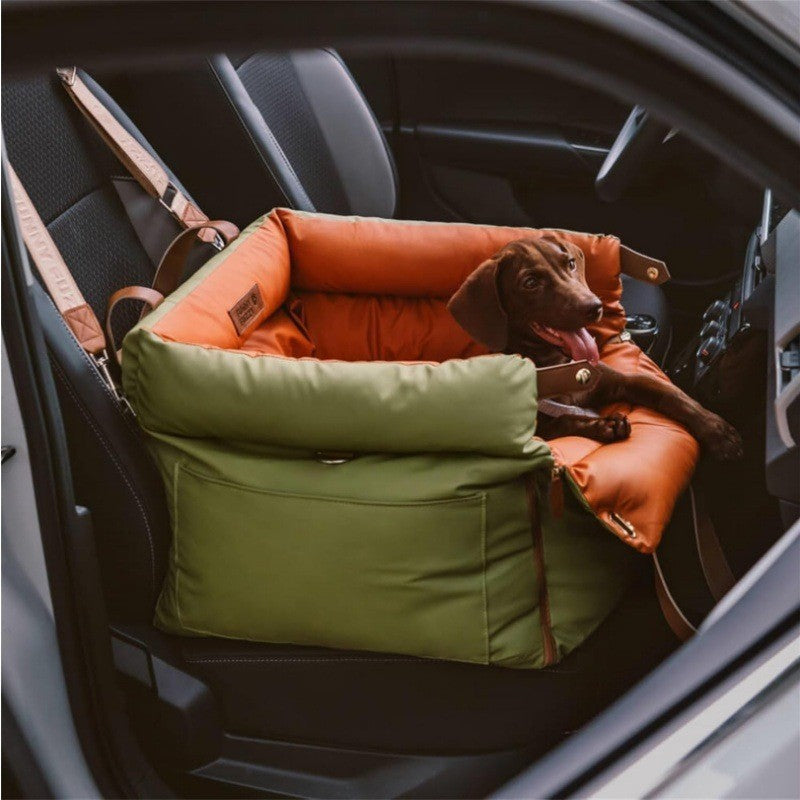 Portable faux leather pet carrier & car seat. Versatile travel accessory for cats & small dogs.