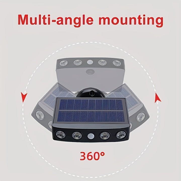Modern outdoor solar security light mounted on a wall, with integrated motion sensor.
